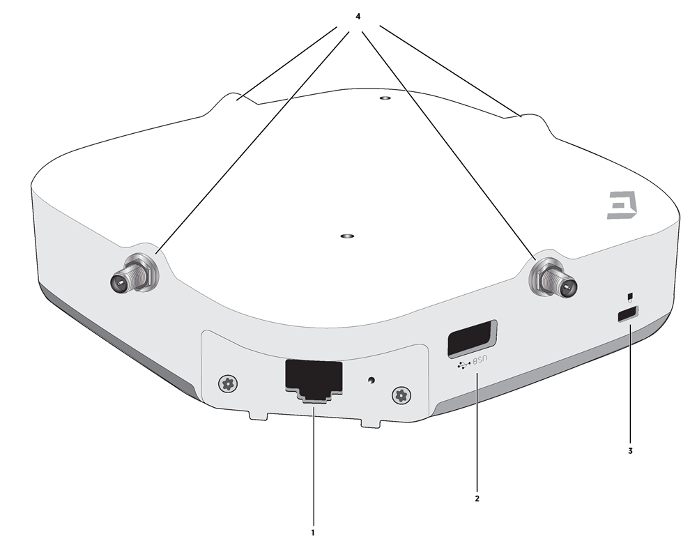 A square access point with external antenna connectors with numerical callout highlighting the hardware components in the Table: AP305CX hardware component description. A square access point with external antenna connectors with numerical callout highlighting the hardware components in the Table: AP305CX hardware component description.
